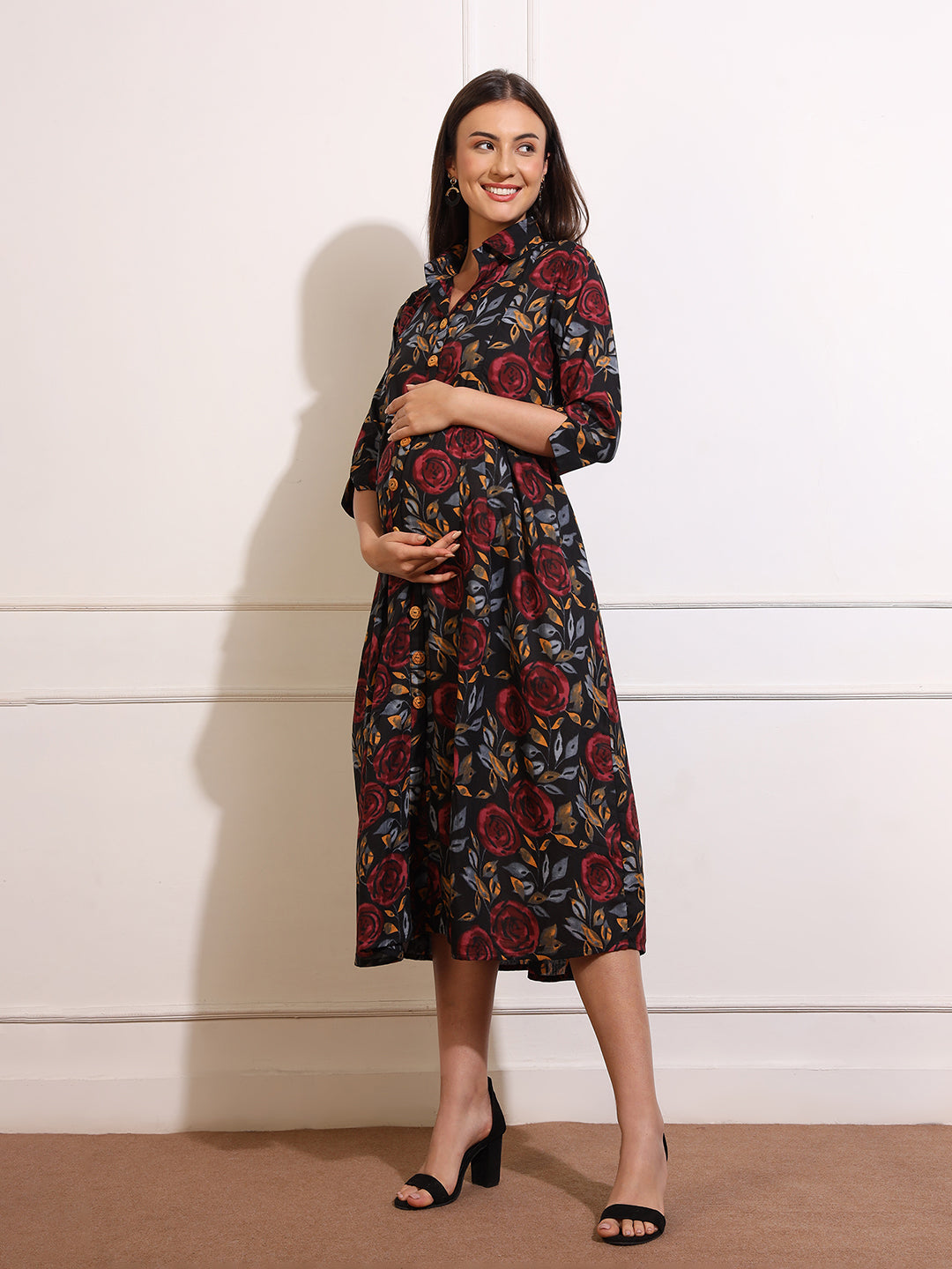 Maternity Dress Women Floral Print Maternity Shirt Maxi Dress