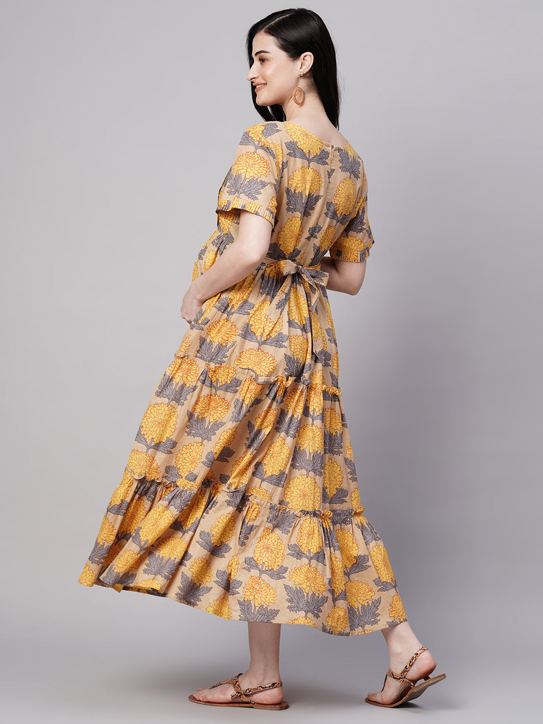 Florals Print Gathered Detail Cotton Maternity Fit and Flare Dress