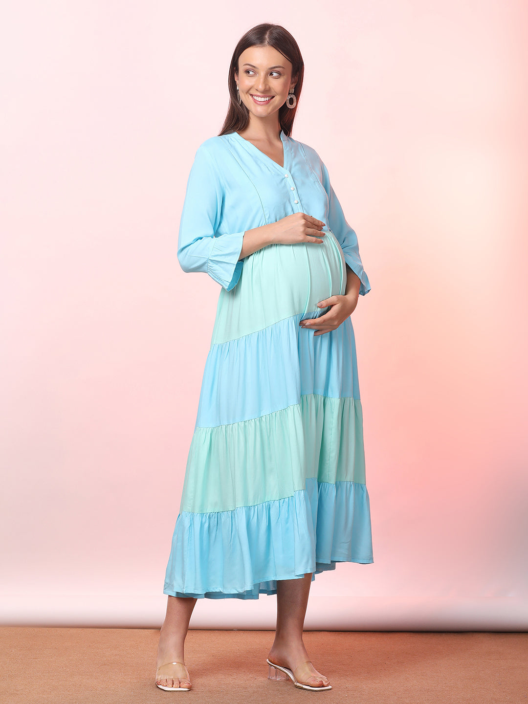 Women Maternity V Neck Bell Sleeve Tiered Fit & Flare Maxi Dress