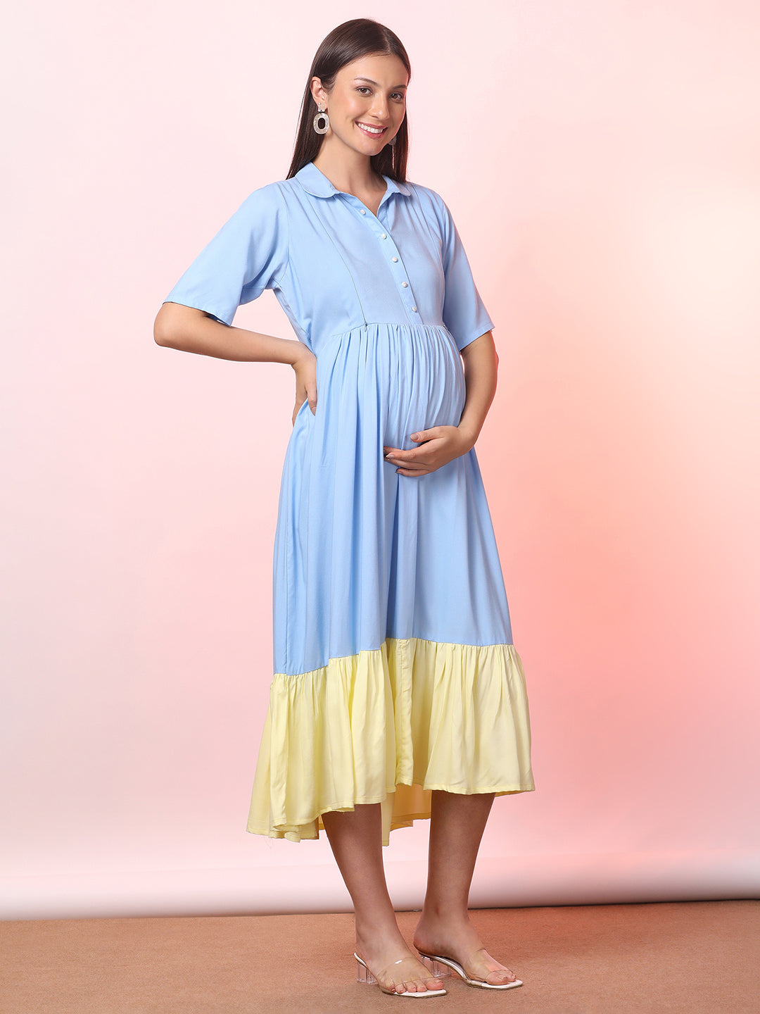 Solid Color Maternity Midi Dress – Soft, Stretchy & Nursing Friendly