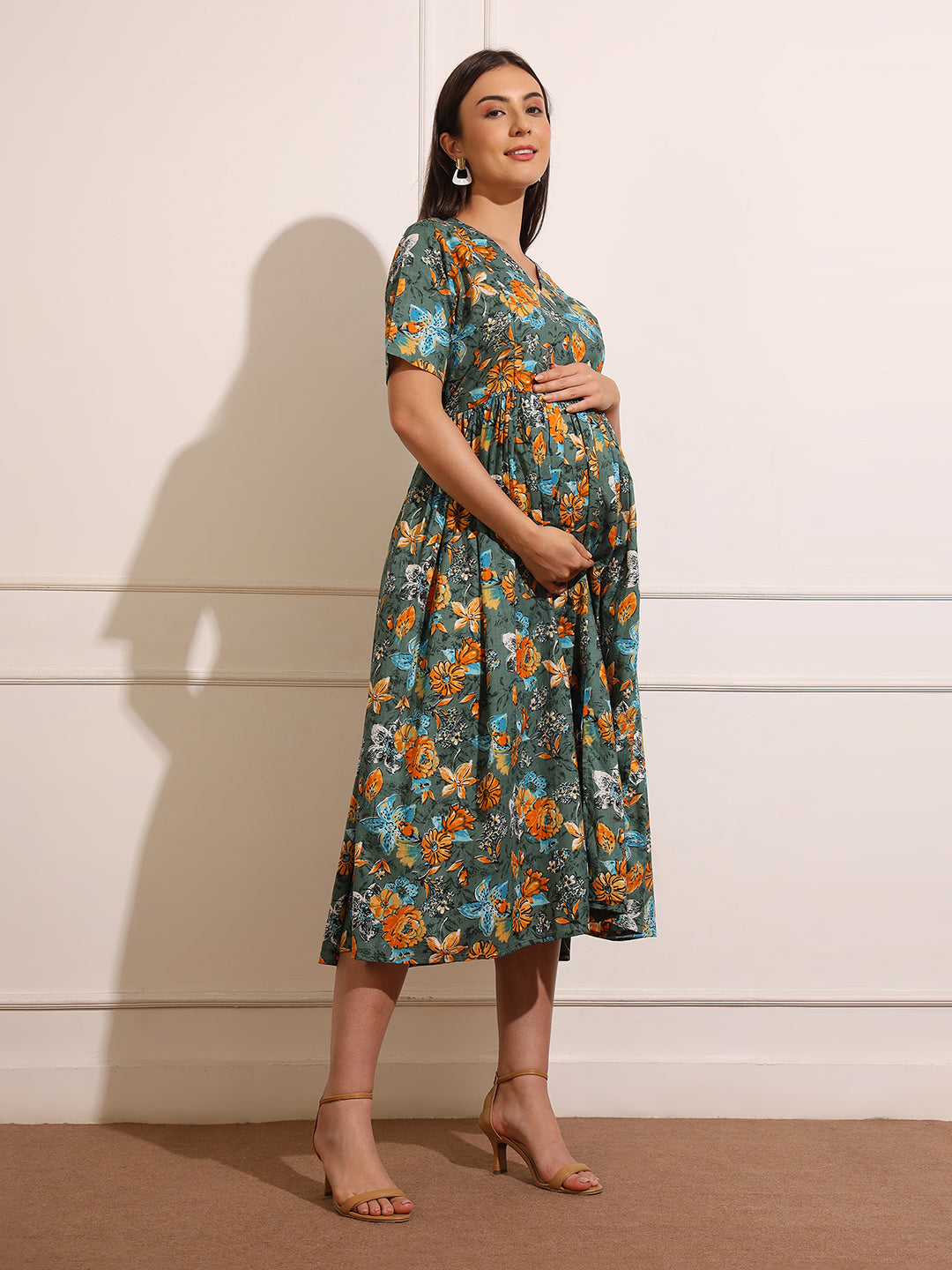 Floral Print Maternity Slit Fit & Flare Midi Dress