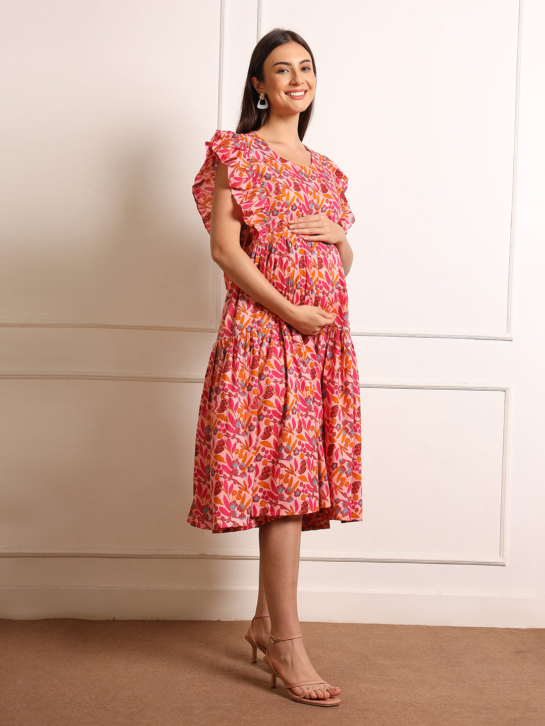Women Floral Print Flared Sleeve Maternity Fit & Flare Midi Dress
