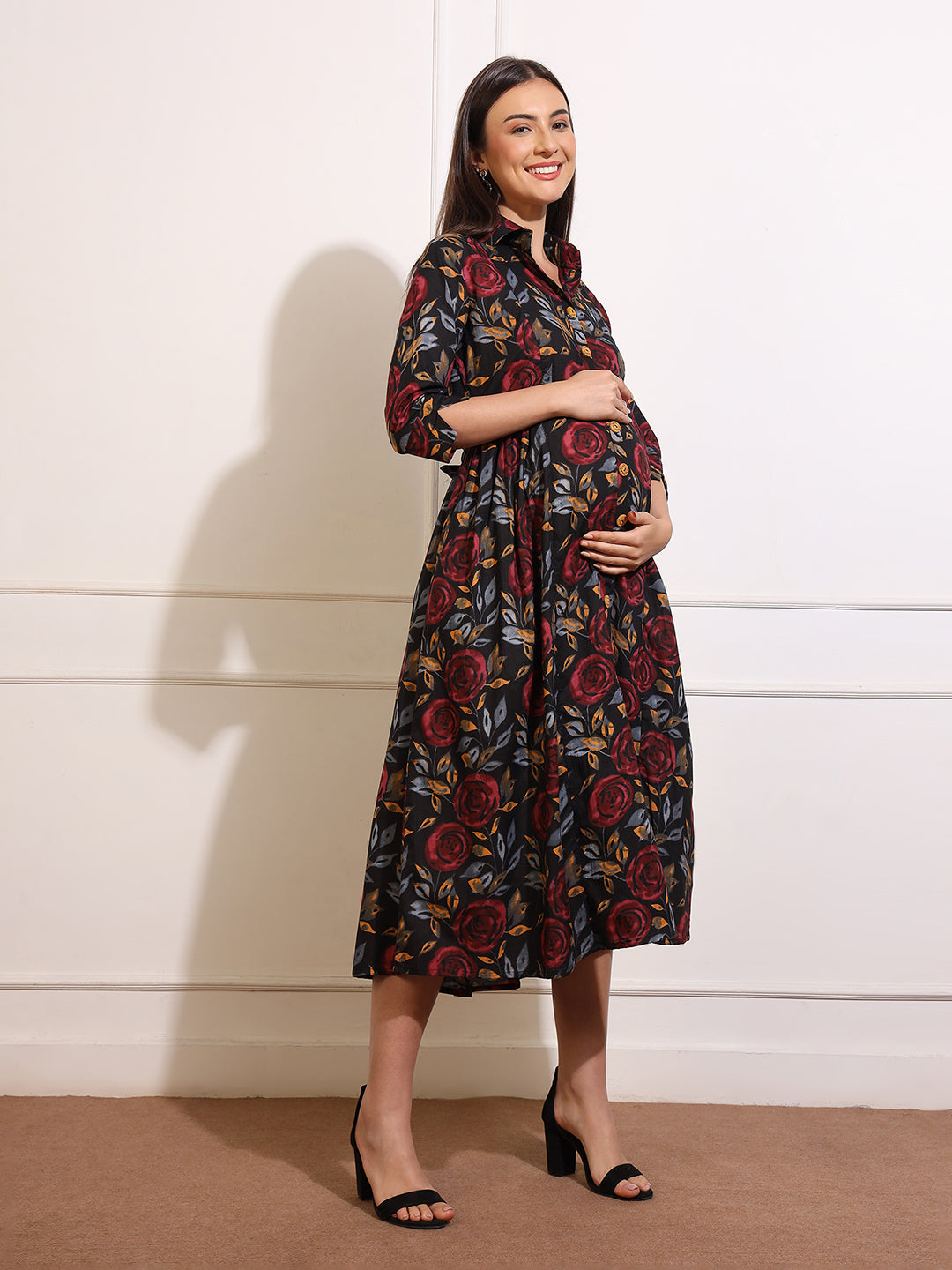 Maternity Dress Women Floral Print Maternity Shirt Maxi Dress