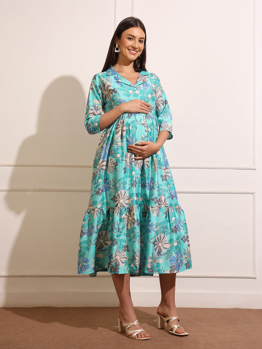 Women Floral Printed Shirt Collar Maternity Fit and Flare Midi Dress