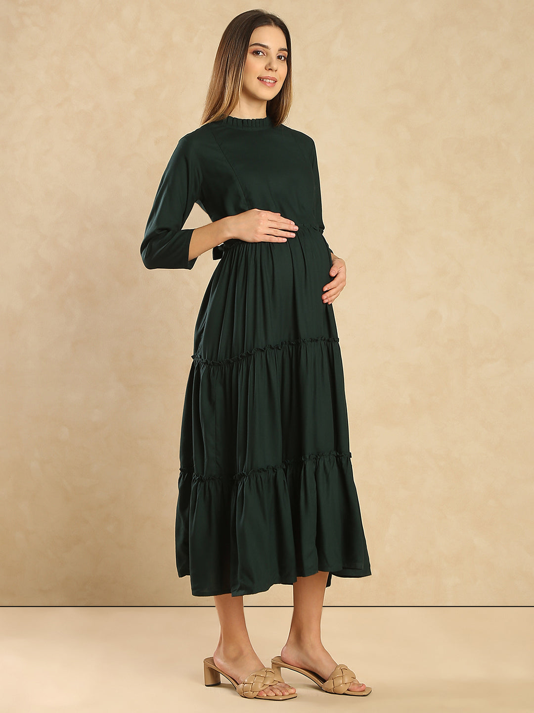 Maternity Fit & Flare Tiered Midi Dress Solid Color Maternity Midi Dress