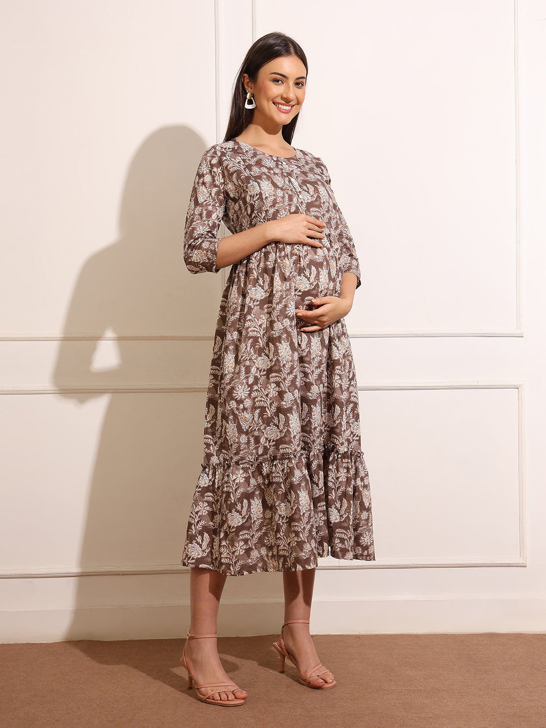 Florals Print Gathered Detail Cotton Maternity Fit and Flare Dress
