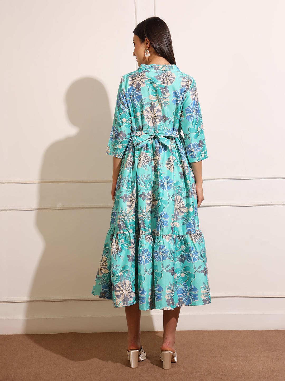 Women Floral Printed Shirt Collar Maternity Fit and Flare Midi Dress
