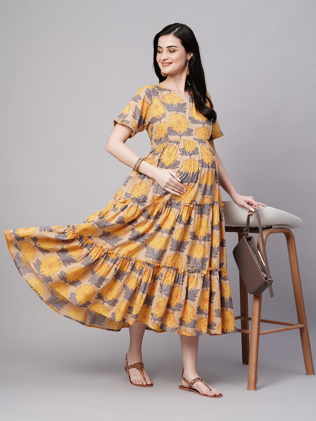 Florals Print Gathered Detail Cotton Maternity Fit and Flare Dress