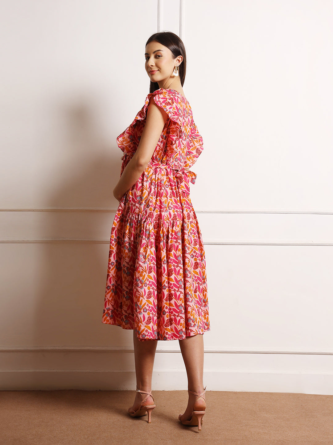 Women Floral Print Flared Sleeve Maternity Fit & Flare Midi Dress