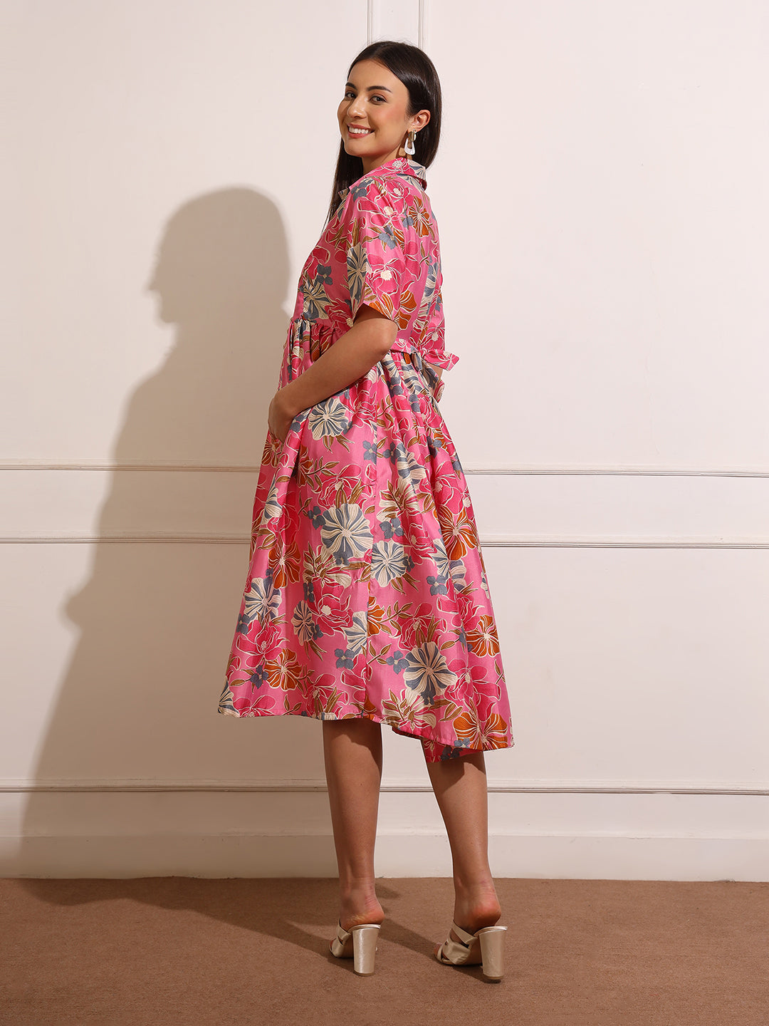 Women Floral Printed Gathered or Pleated Maternity Shirt Dress