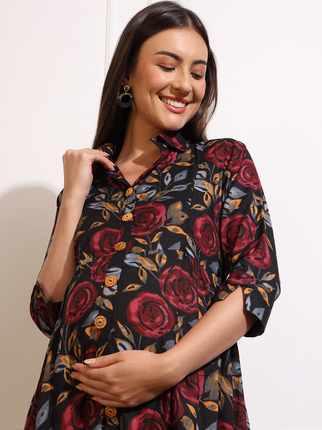 Maternity Dress Women Floral Print Maternity Shirt Maxi Dress