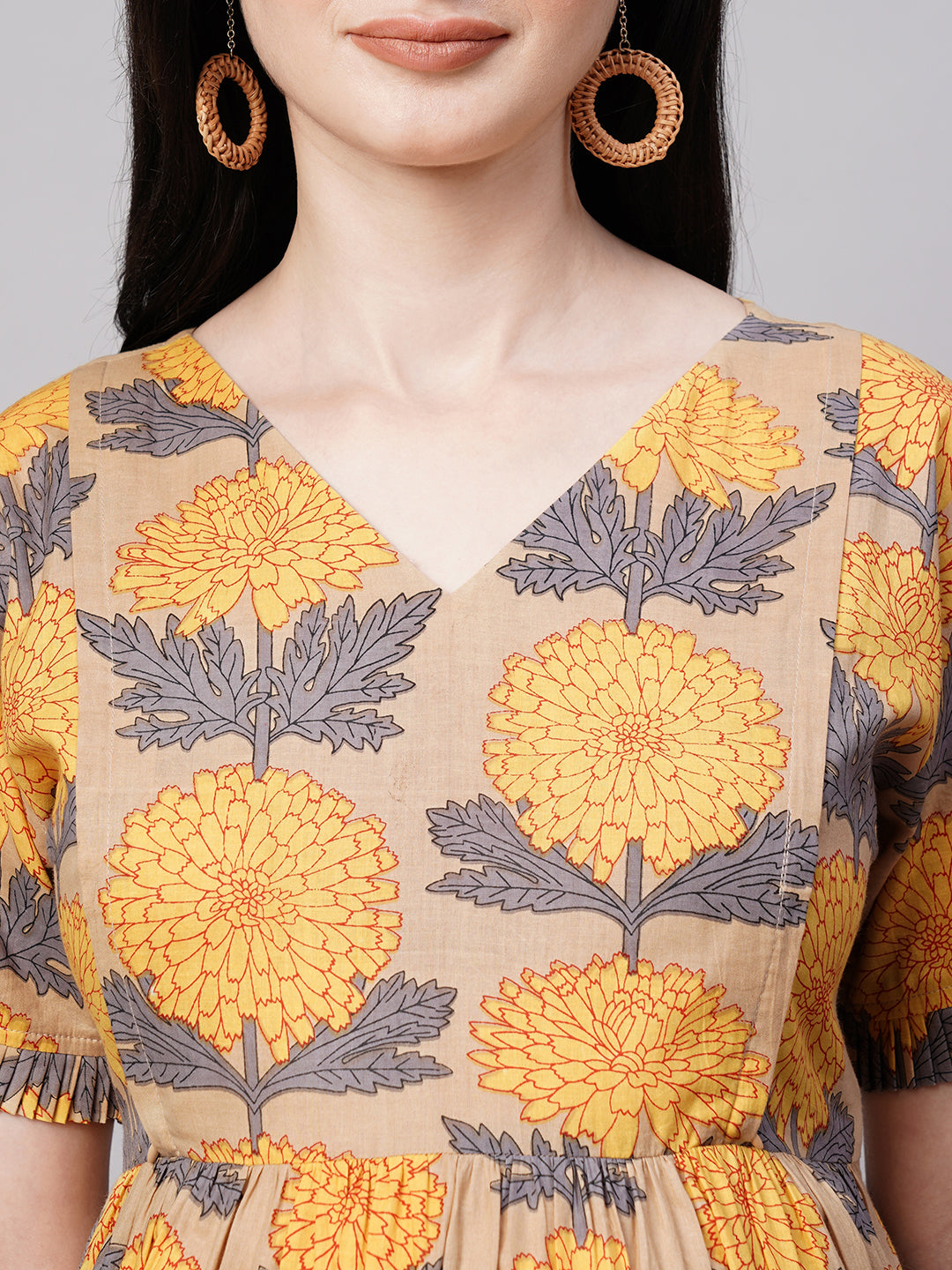 Florals Print Gathered Detail Cotton Maternity Fit and Flare Dress