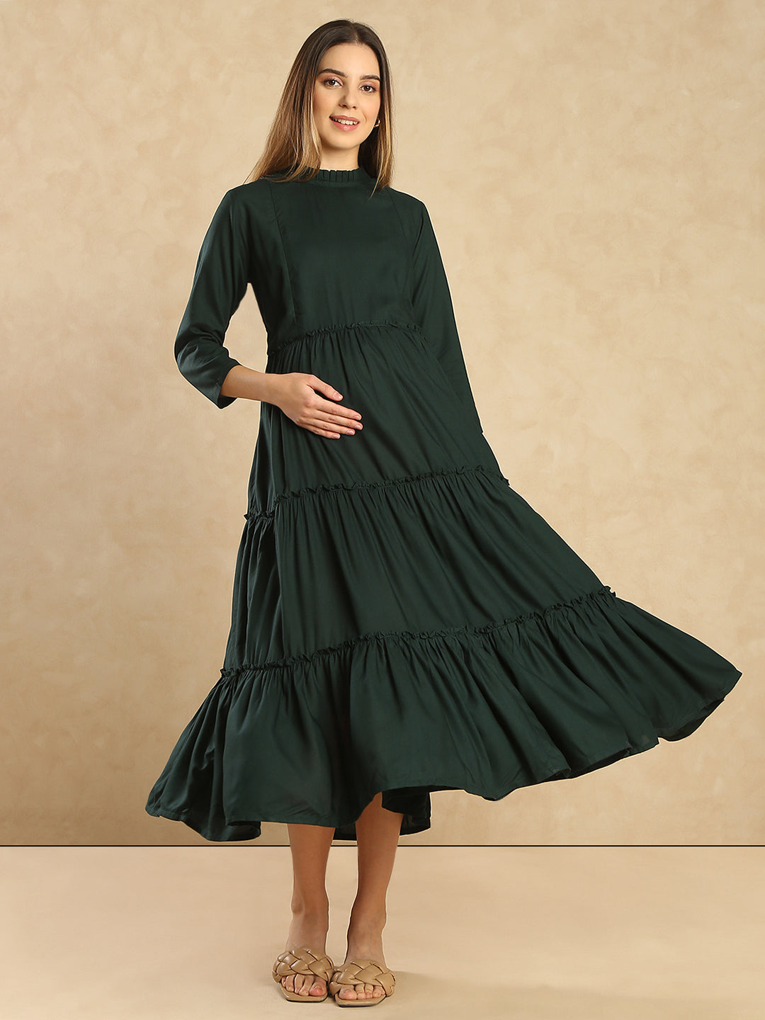 Maternity Fit & Flare Tiered Midi Dress Solid Color Maternity Midi Dress