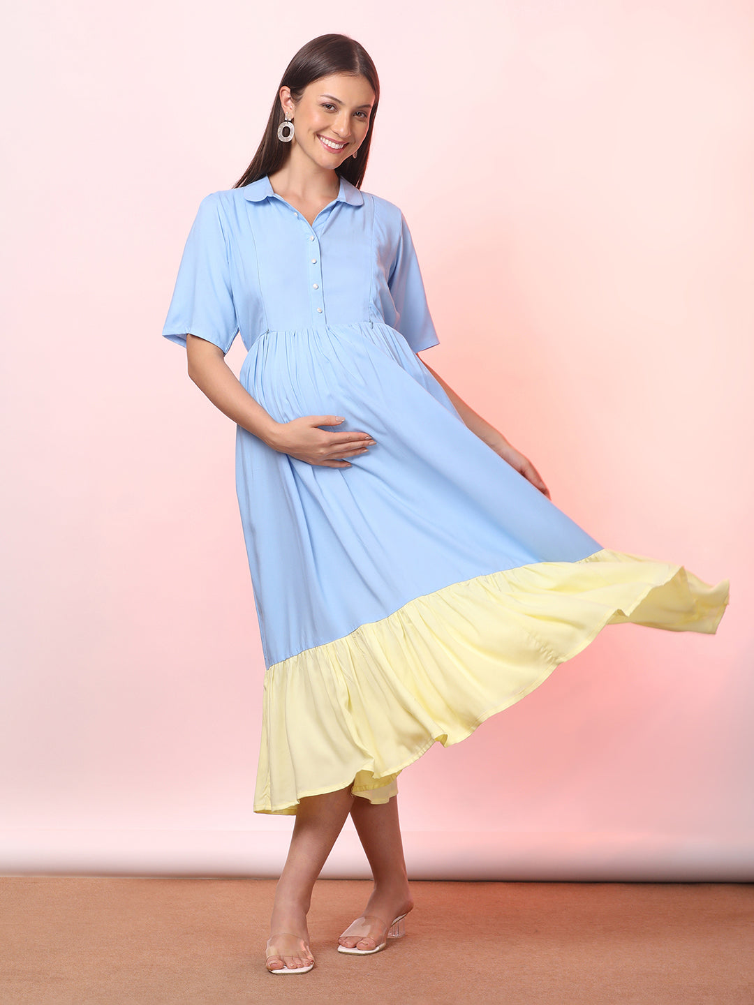 Solid Color Maternity Midi Dress – Soft, Stretchy & Nursing Friendly