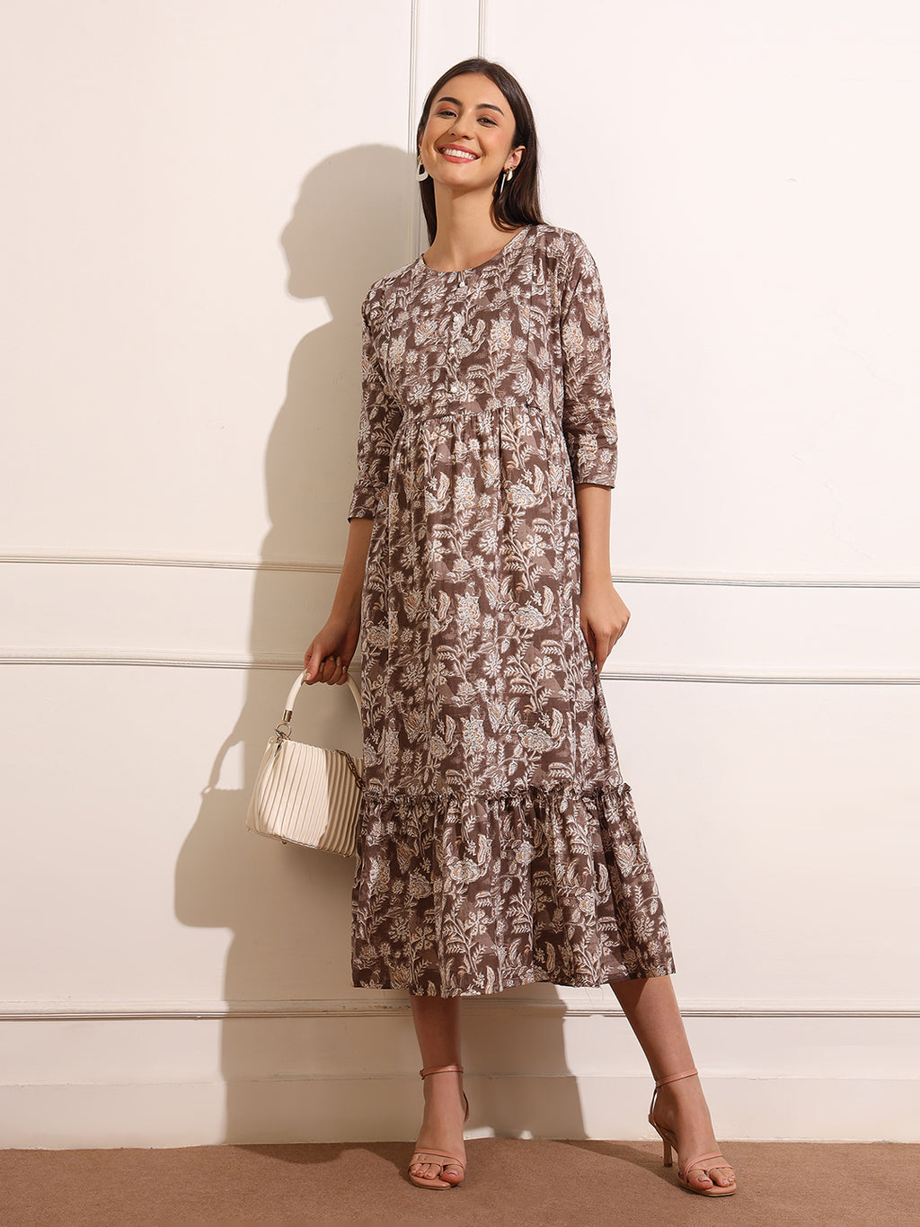 Florals Print Gathered Detail Cotton Maternity Fit and Flare Dress