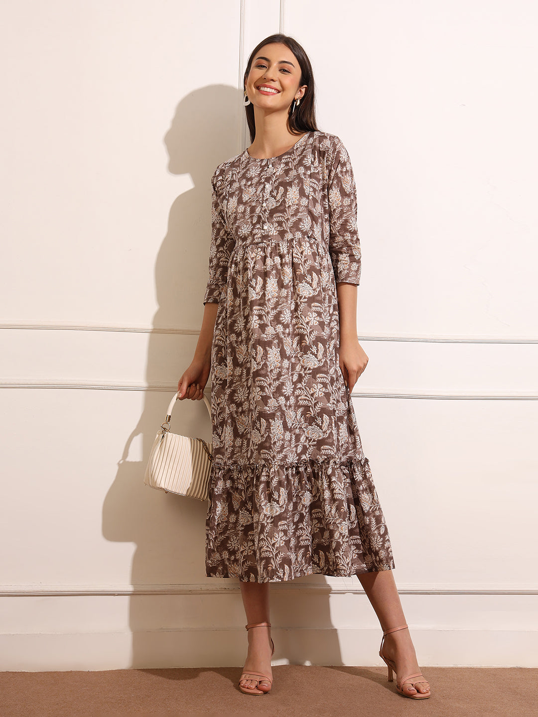 Florals Print Gathered Detail Cotton Maternity Fit and Flare Dress