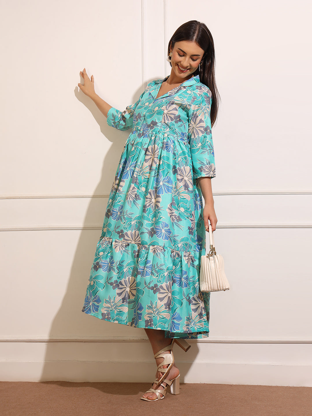Women Floral Printed Shirt Collar Maternity Fit and Flare Midi Dress