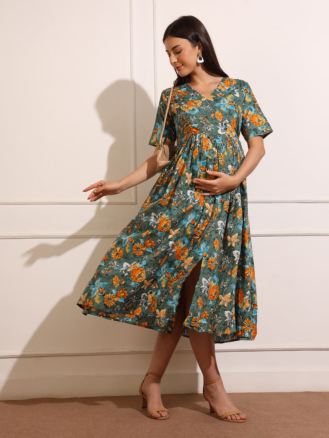 Floral Print Maternity Slit Fit & Flare Midi Dress