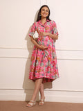 Women Floral Printed Gathered or Pleated Maternity Shirt Dress