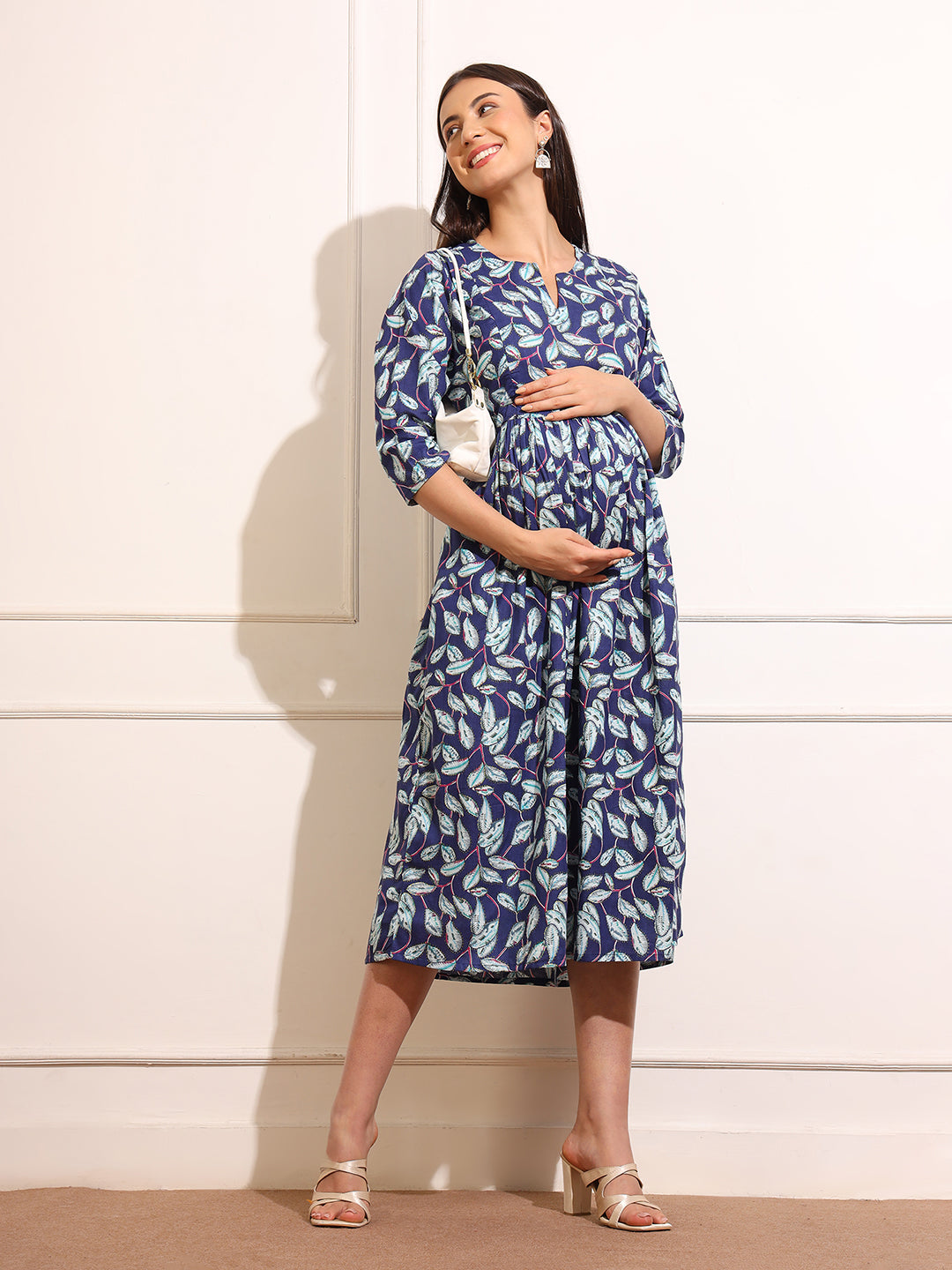 Women Floral Print Maternity Maxi Dress Comfort-Fit Maternity Gown – Lightweight, Breathable & Nursing Friendly