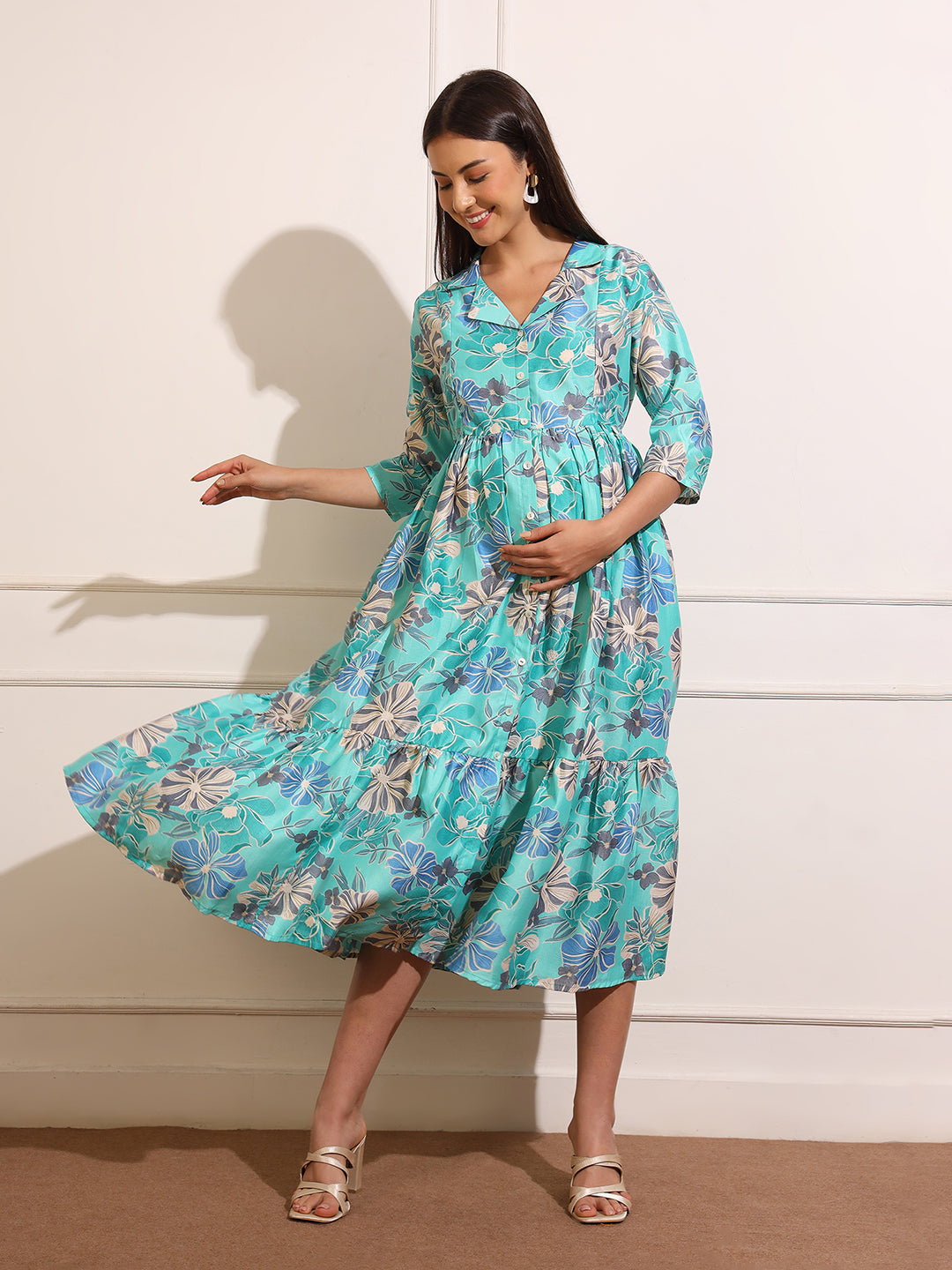 Women Floral Printed Shirt Collar Maternity Fit and Flare Midi Dress