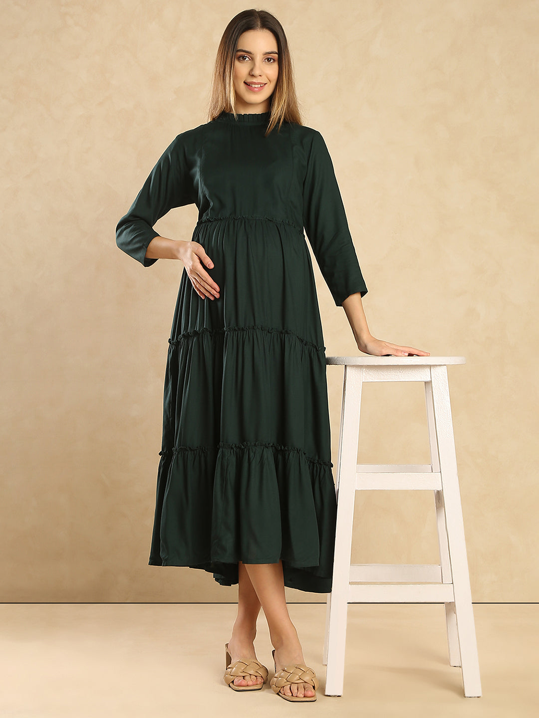 Maternity Fit & Flare Tiered Midi Dress Solid Color Maternity Midi Dress