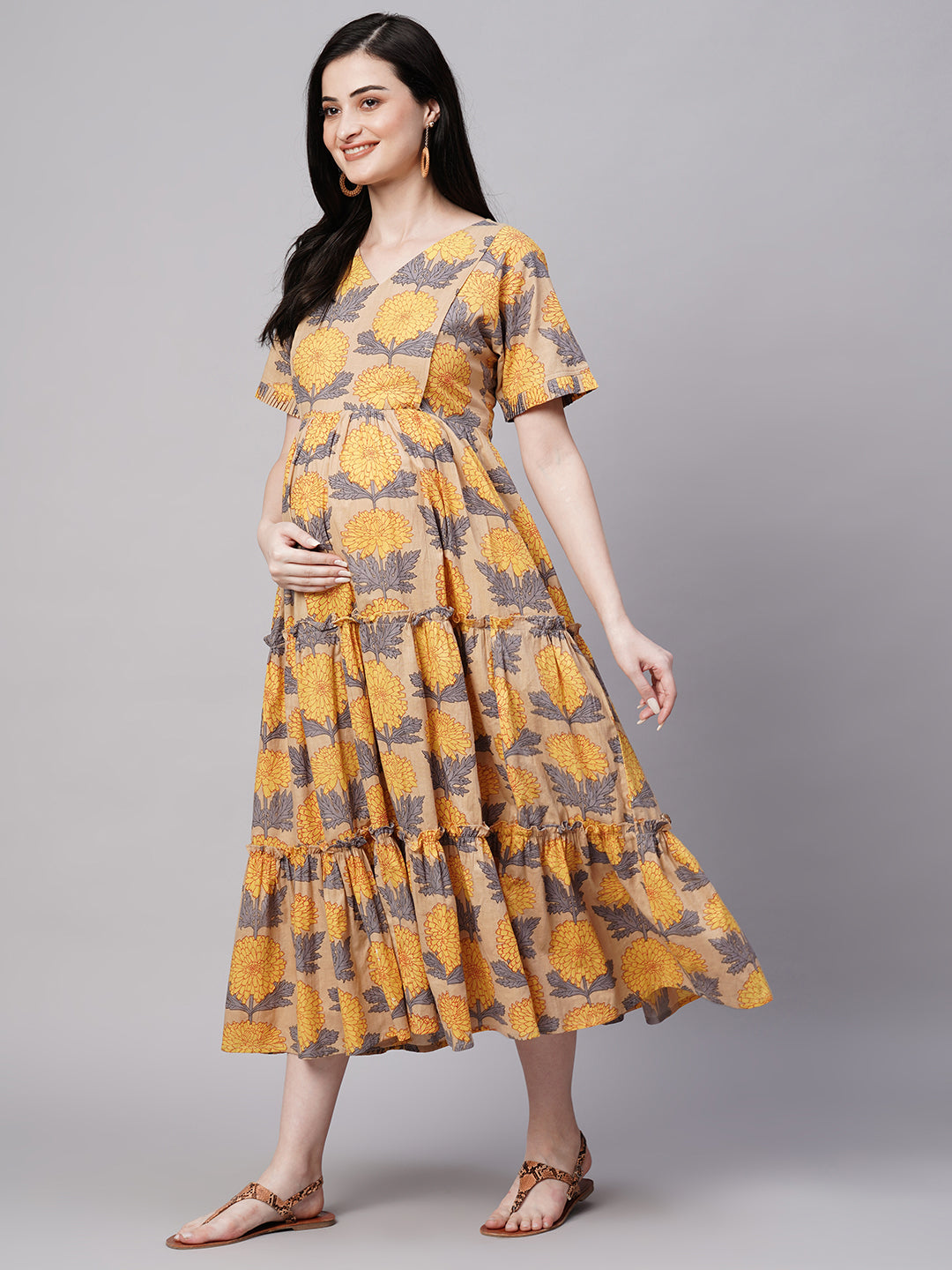 Florals Print Gathered Detail Cotton Maternity Fit and Flare Dress