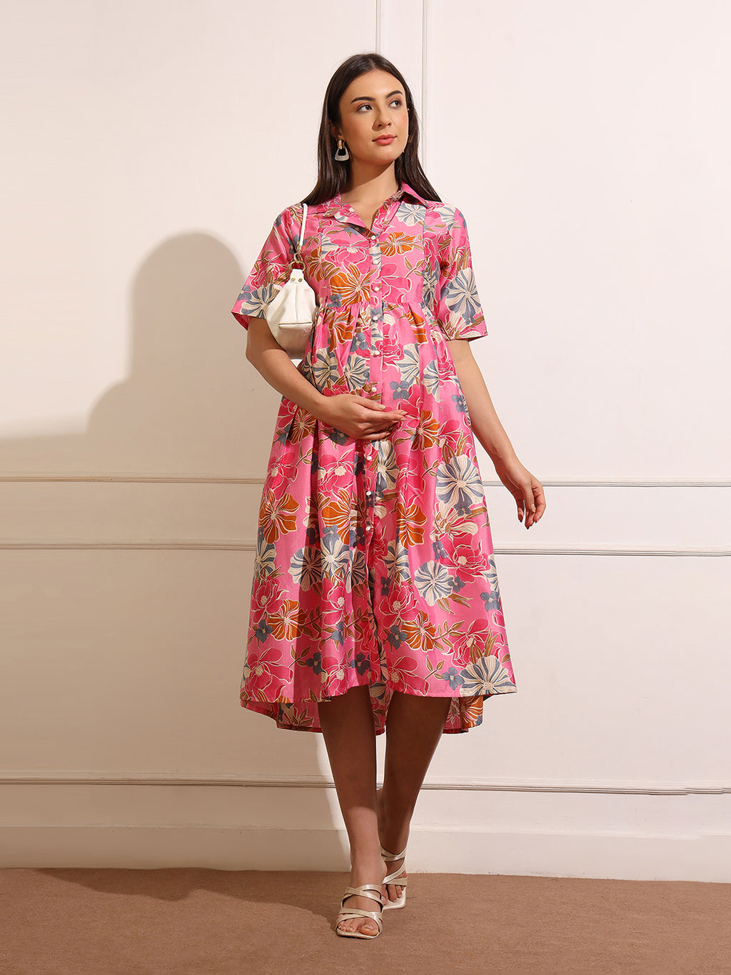 Women Floral Printed Gathered or Pleated Maternity Shirt Dress