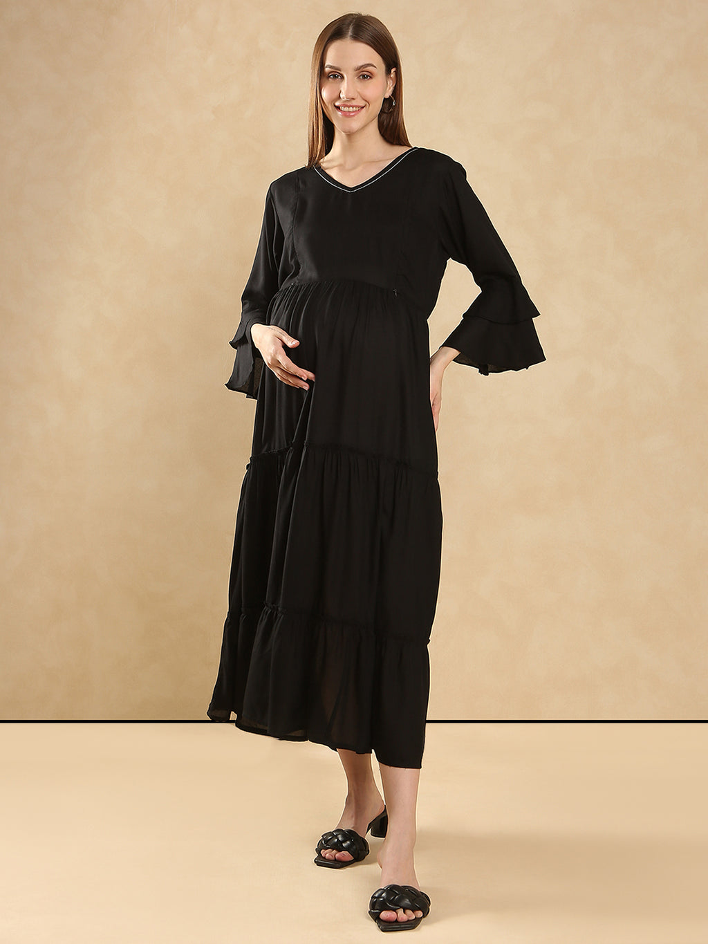 Women's  Elegant Look Bell Sleeve Maternity Tiered Maxi Dress