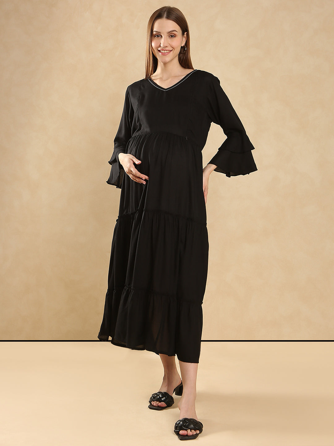 Women's  Elegant Look Bell Sleeve Maternity Tiered Maxi Dress