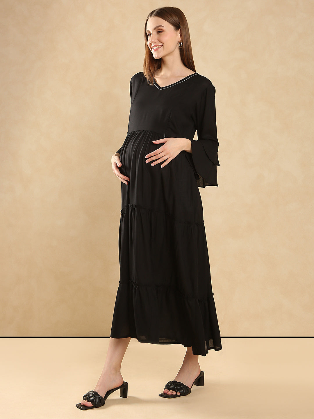 Women's  Elegant Look Bell Sleeve Maternity Tiered Maxi Dress