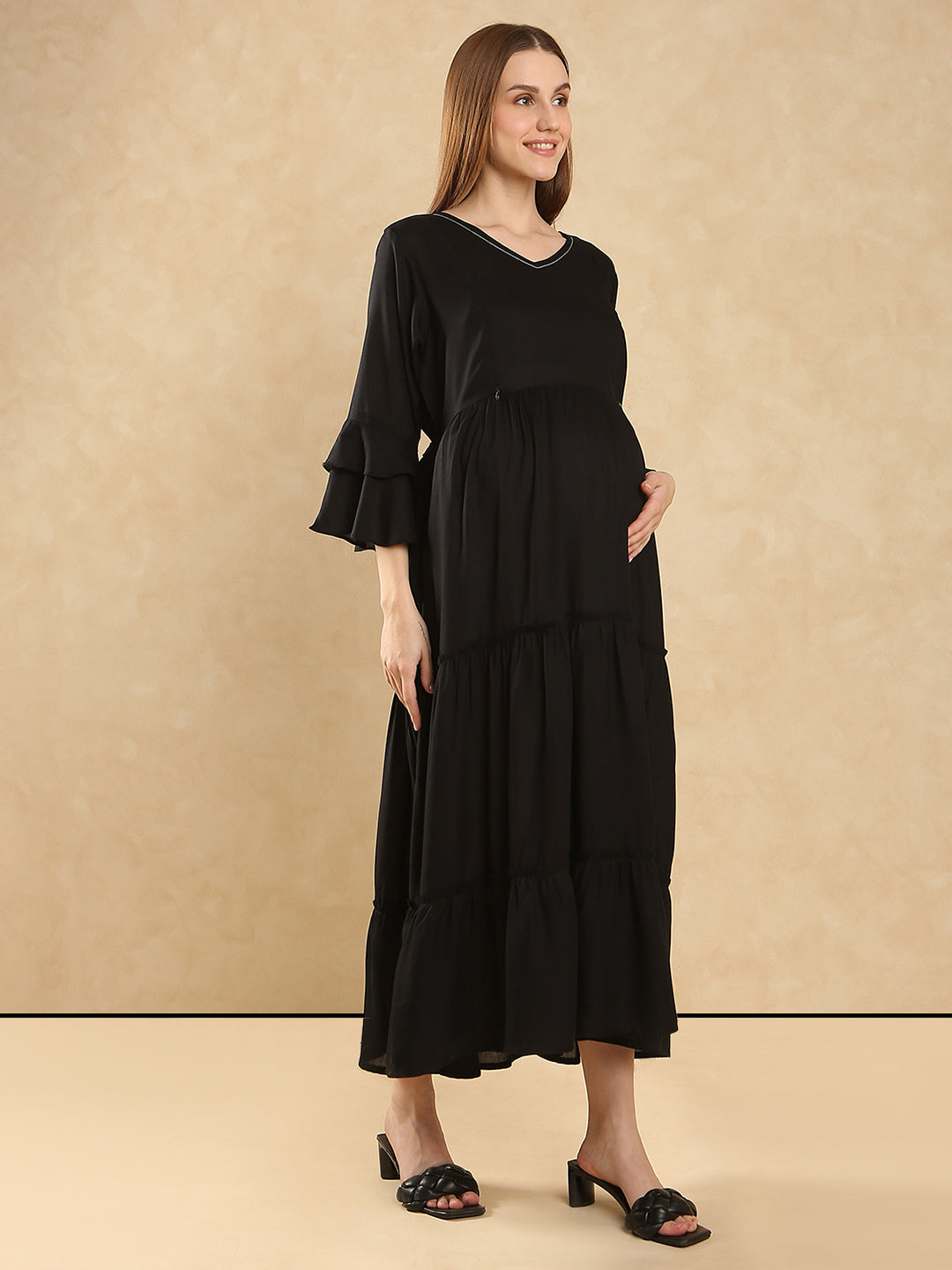 Women's  Elegant Look Bell Sleeve Maternity Tiered Maxi Dress