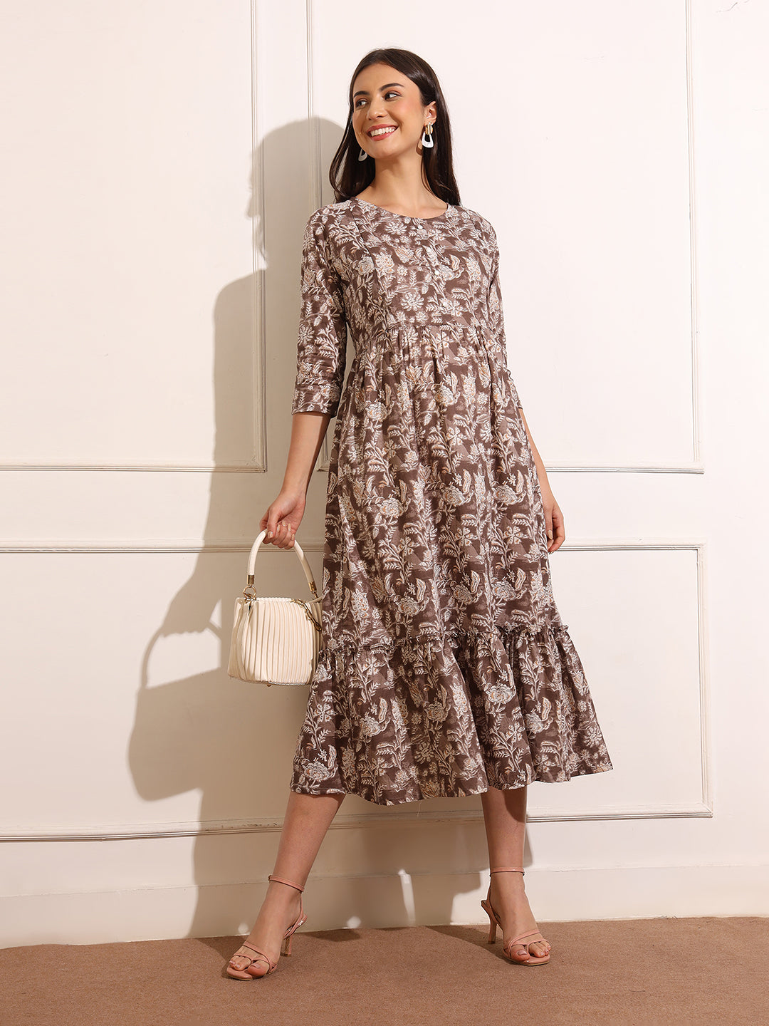 Florals Print Gathered Detail Cotton Maternity Fit and Flare Dress