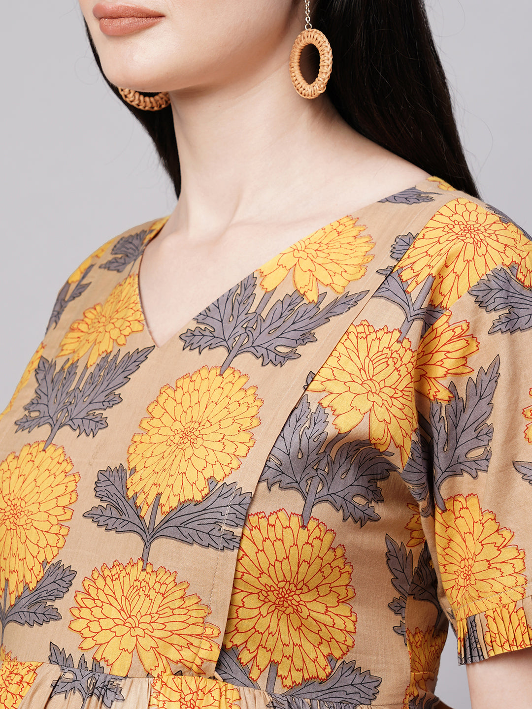 Florals Print Gathered Detail Cotton Maternity Fit and Flare Dress