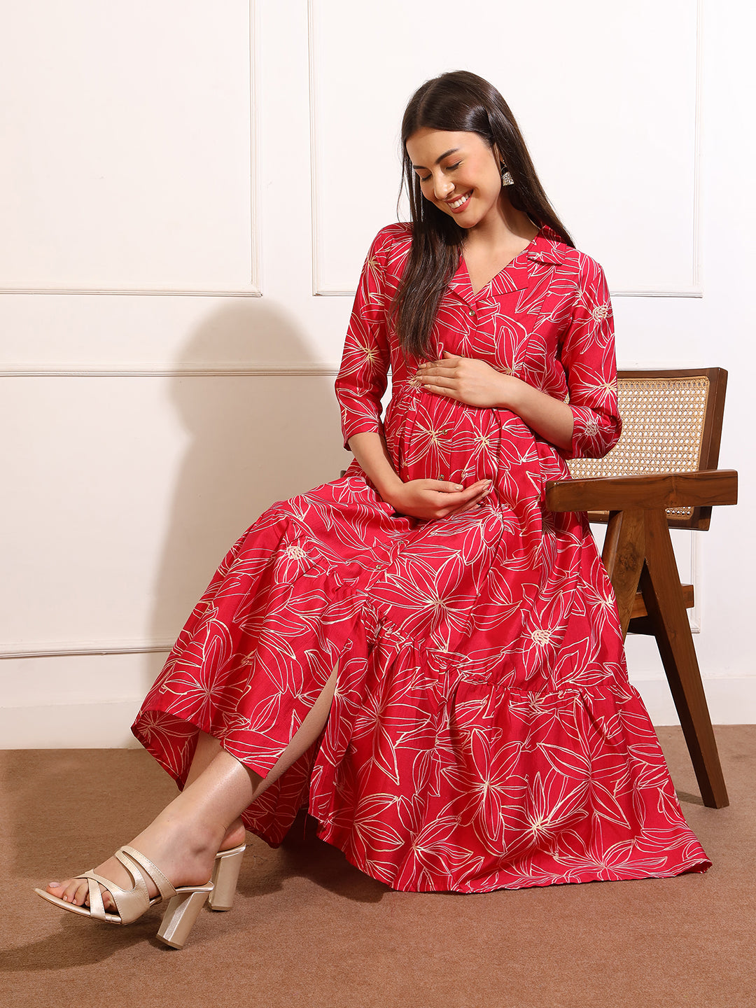 Printed Maternity Dress with Hidden Zipper – Ideal for Baby Shower & Photoshoots