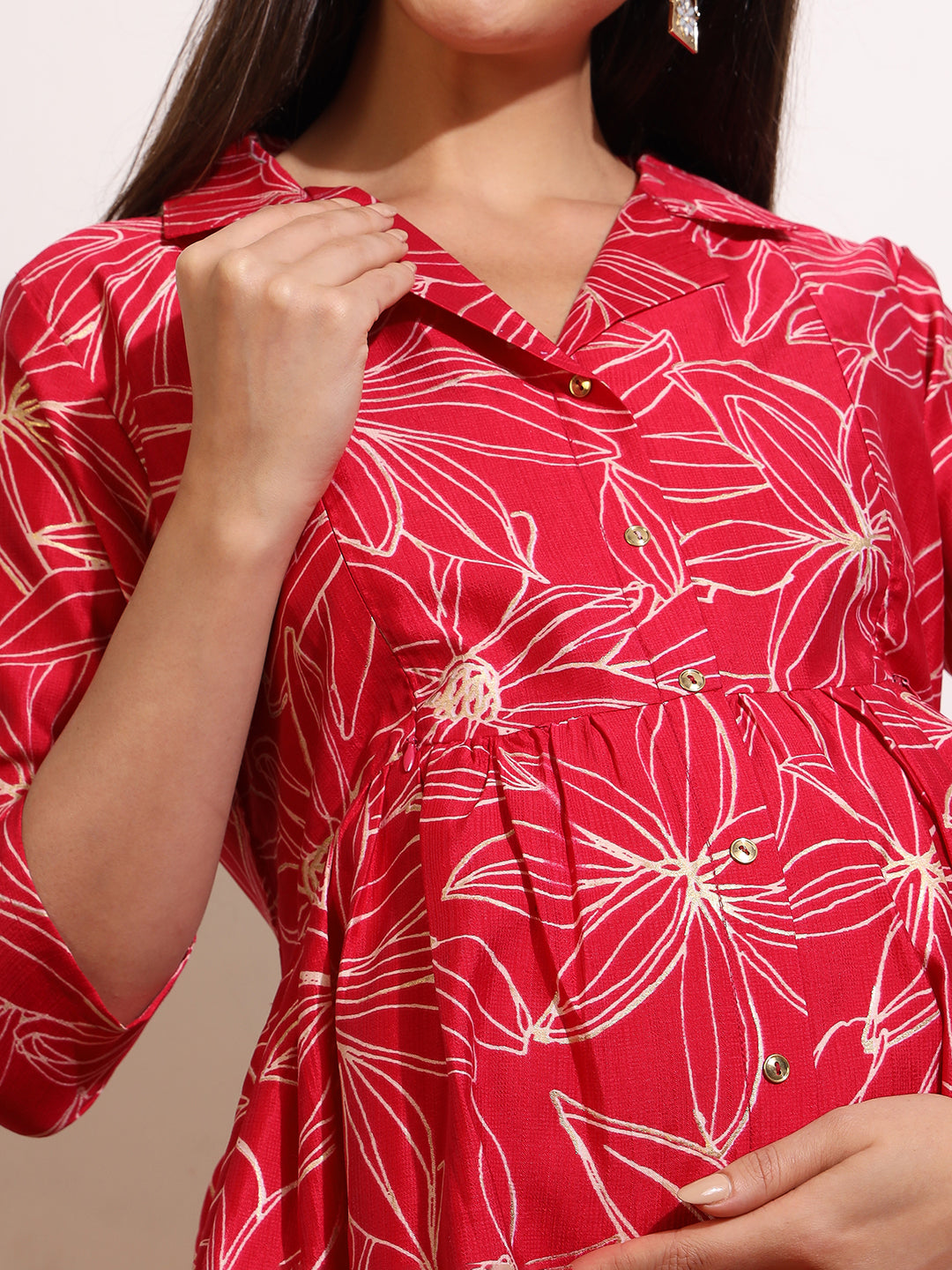 Printed Maternity Dress with Hidden Zipper – Ideal for Baby Shower & Photoshoots