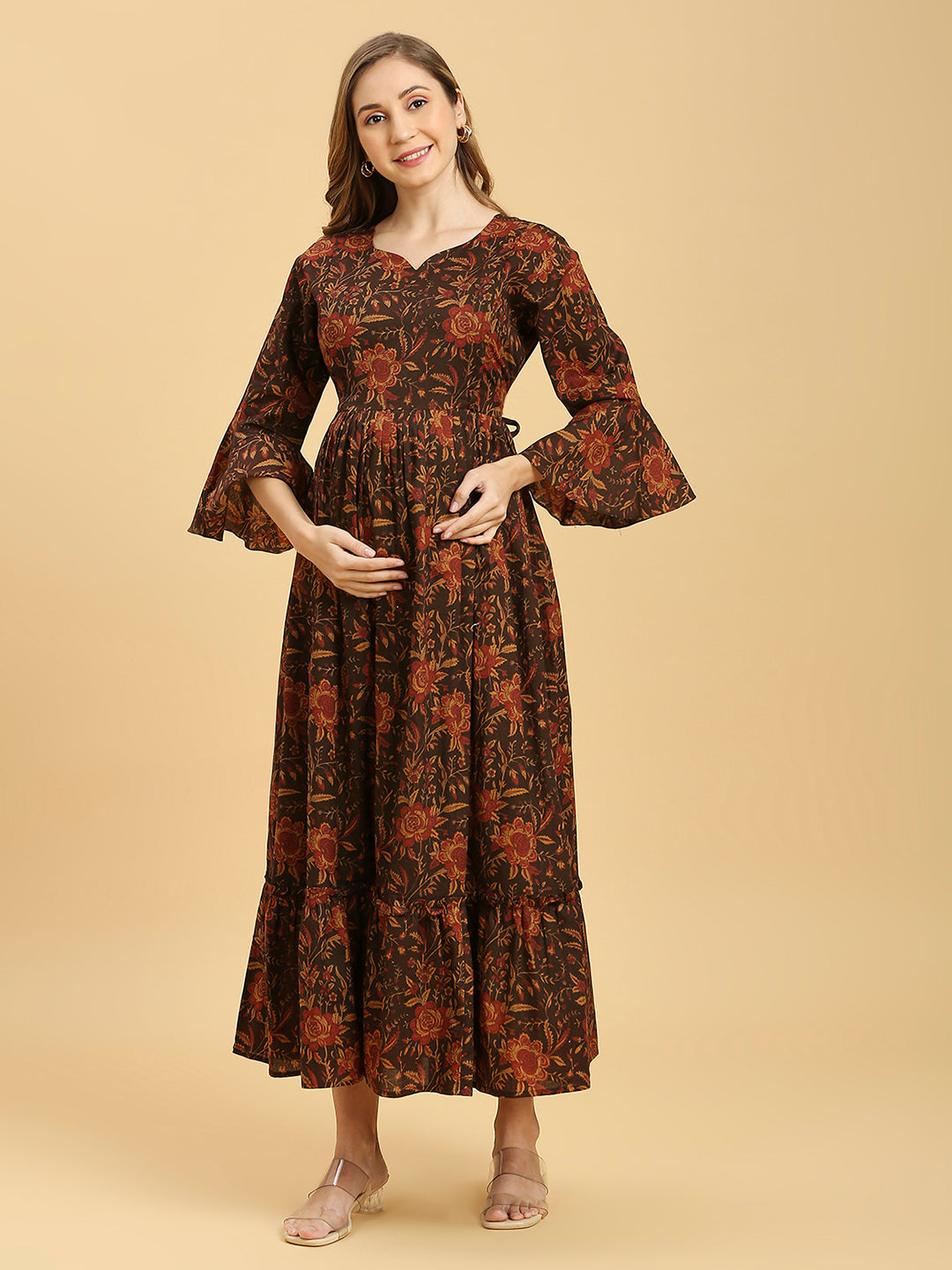 Maternity Floral Printed Bell Sleeves Maxi Pure Cotton Fit & Flare Dress
