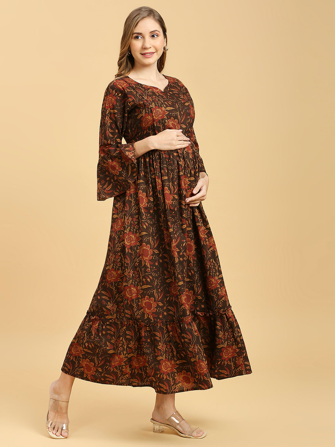 Maternity Floral Printed Bell Sleeves Maxi Pure Cotton Fit & Flare Dress