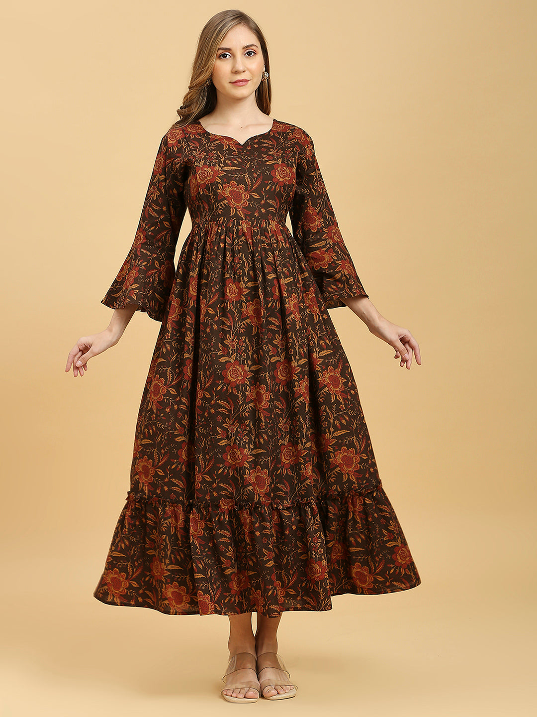 Maternity Floral Printed Bell Sleeves Maxi Pure Cotton Fit & Flare Dress