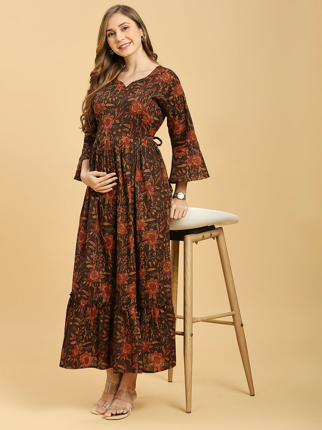 Maternity Floral Printed Bell Sleeves Maxi Pure Cotton Fit & Flare Dress
