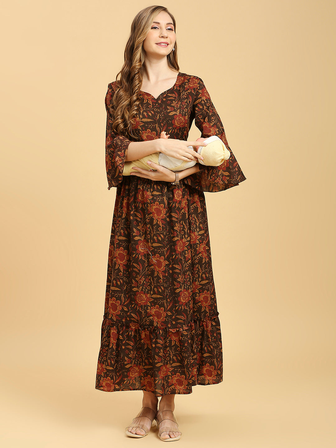 Maternity Floral Printed Bell Sleeves Maxi Pure Cotton Fit & Flare Dress