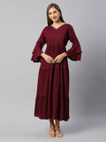 V Neck Bell Sleeve Tiered Maternity Fit & Flare Midi Dress