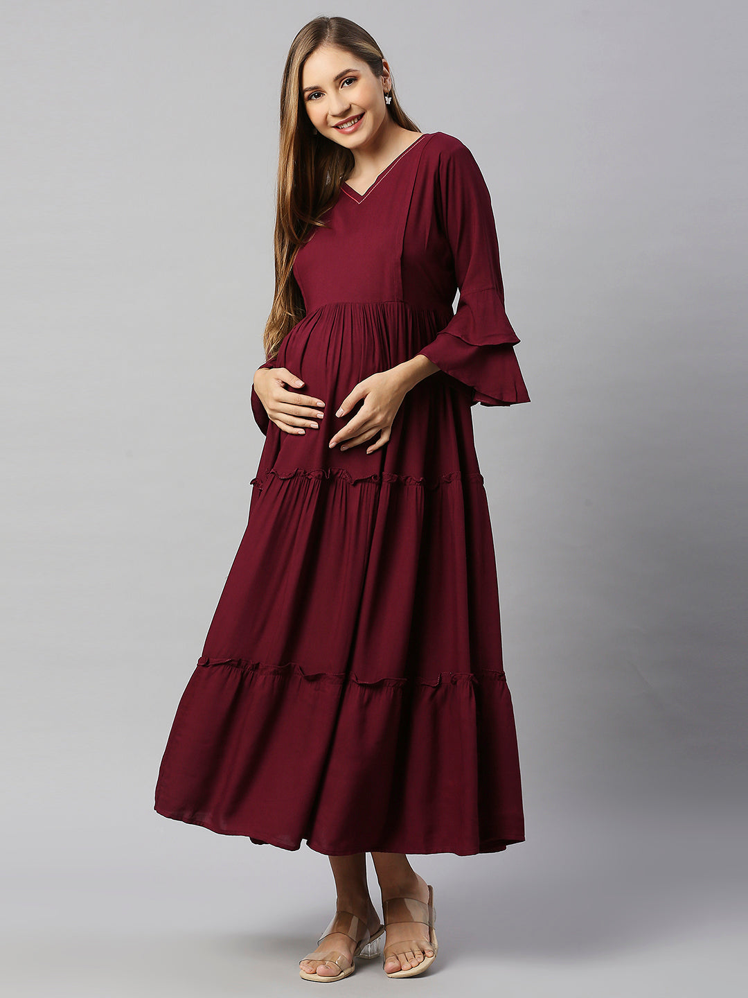 V Neck Bell Sleeve Tiered Maternity Fit & Flare Midi Dress