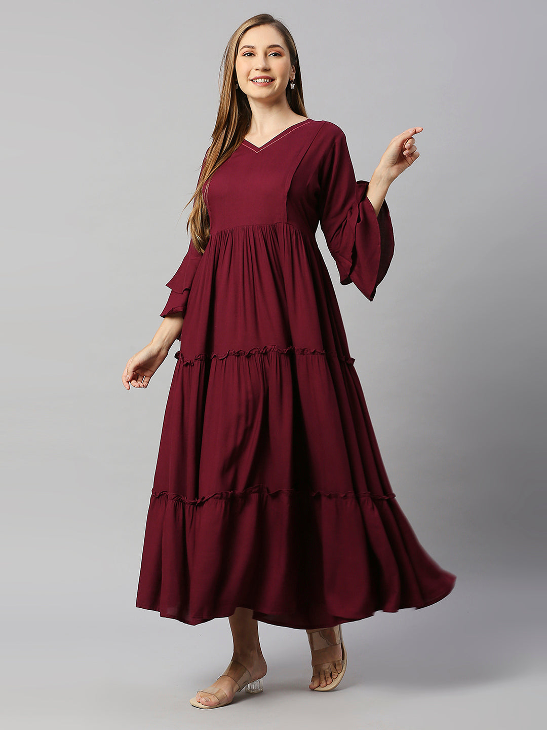 V Neck Bell Sleeve Tiered Maternity Fit & Flare Midi Dress