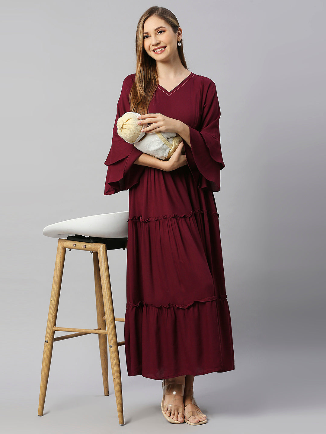 V Neck Bell Sleeve Tiered Maternity Fit & Flare Midi Dress