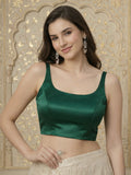 Satin Round Neck Sleeveless Padded Saree Blouse, Green
