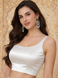 Satin Round Neck Sleeveless Padded Saree Blouse, White
