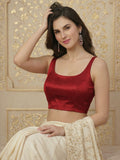 Satin Round Neck Sleeveless Padded Saree Blouse, Dark Red
