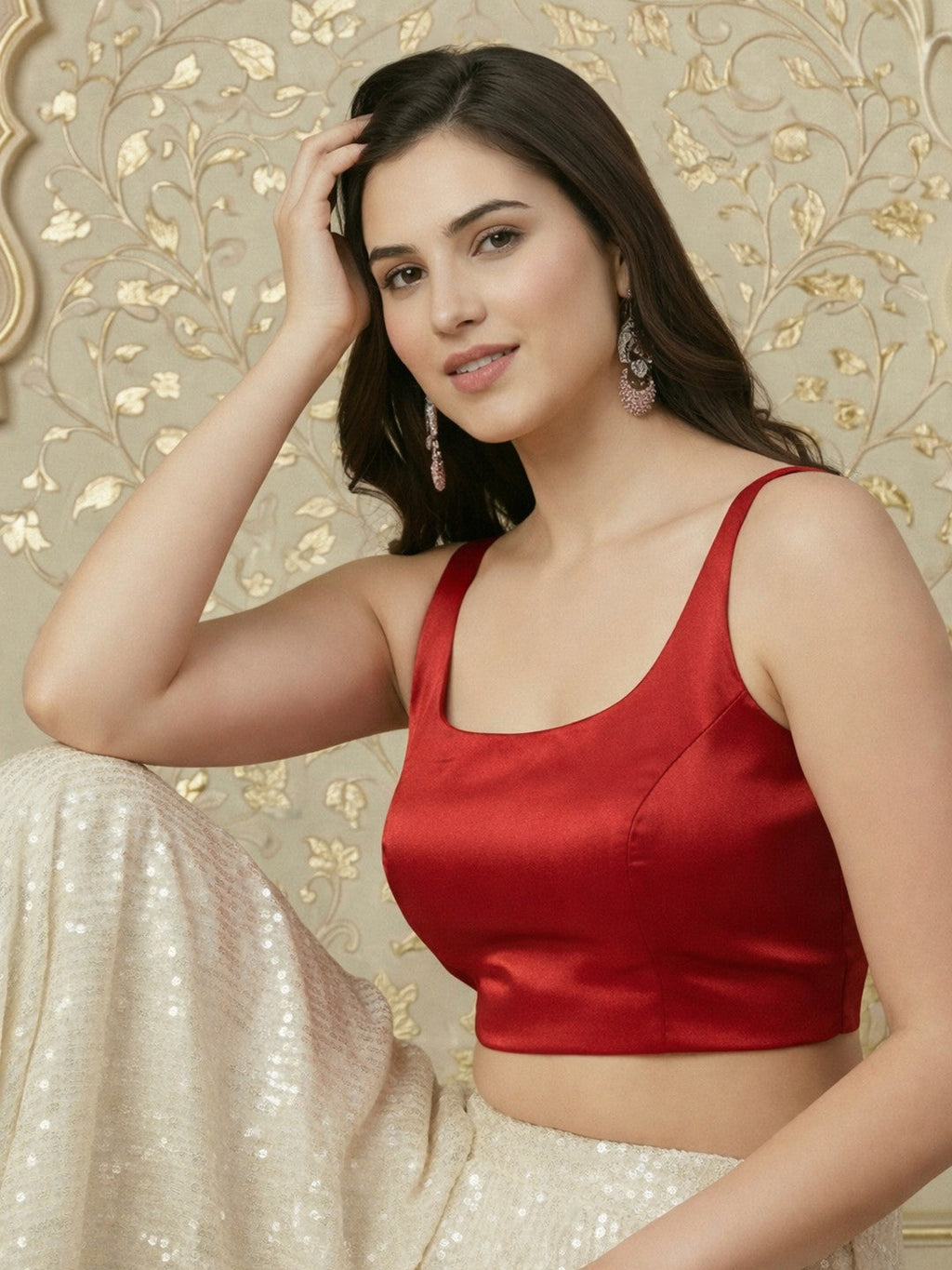 Satin Round Neck Sleeveless Padded Saree Blouse, Red