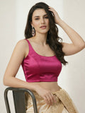 Satin Round Neck Sleeveless Padded Saree Blouse, Dark Pink